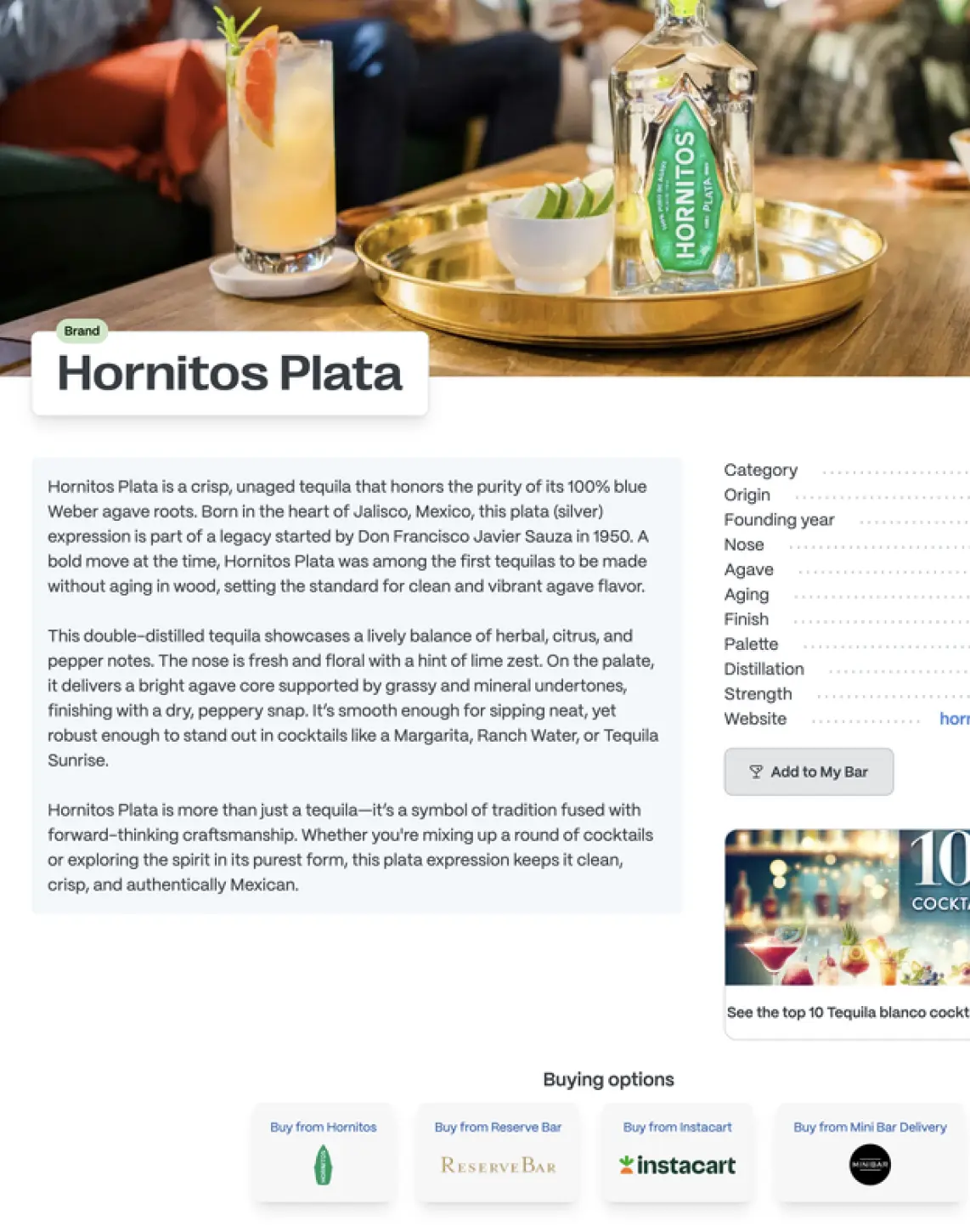 The dedicated Hornitos Plata brand page with description, spec, buying options and cocktail collection