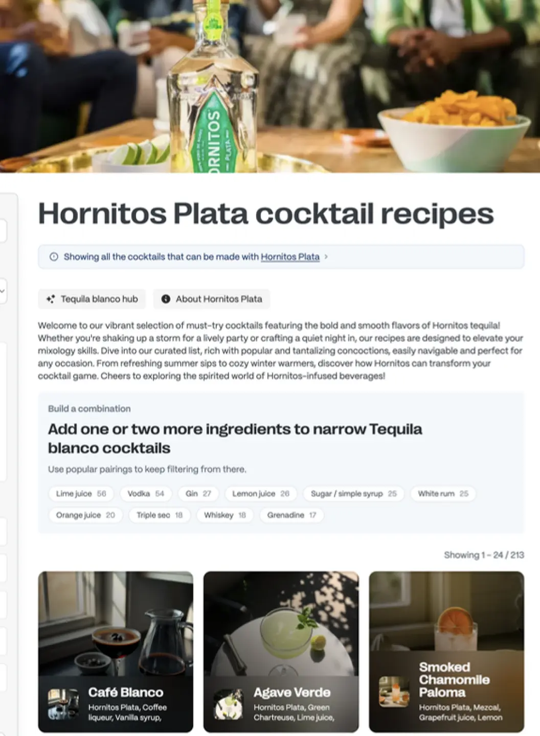 The branded Hornitos Plata cocktail recipes results page listing every compatible cocktail