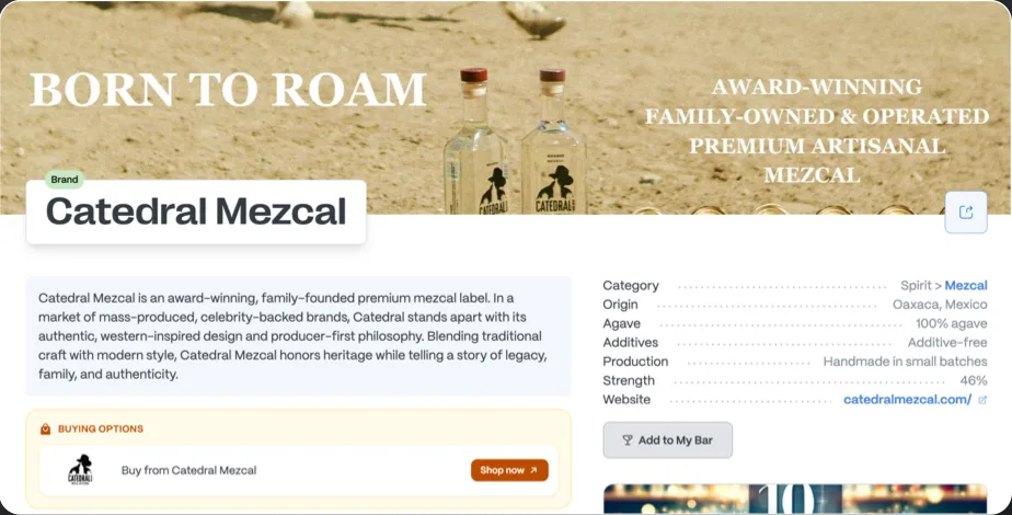 The Catedral Mezcal brand page with description, details and buying options