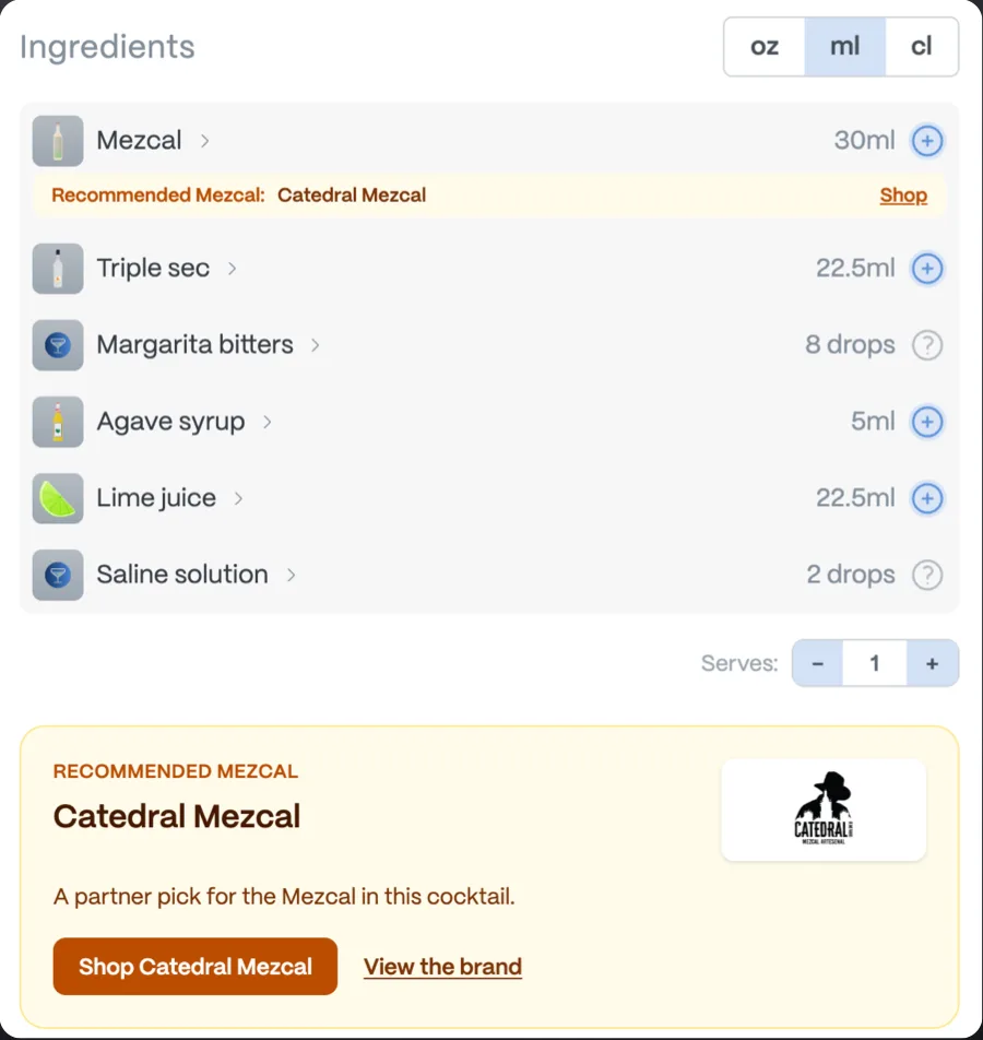 A Mezcal Margarita ingredient list naming Catedral Mezcal as the recommended mezcal, with a partner panel and Shop button below