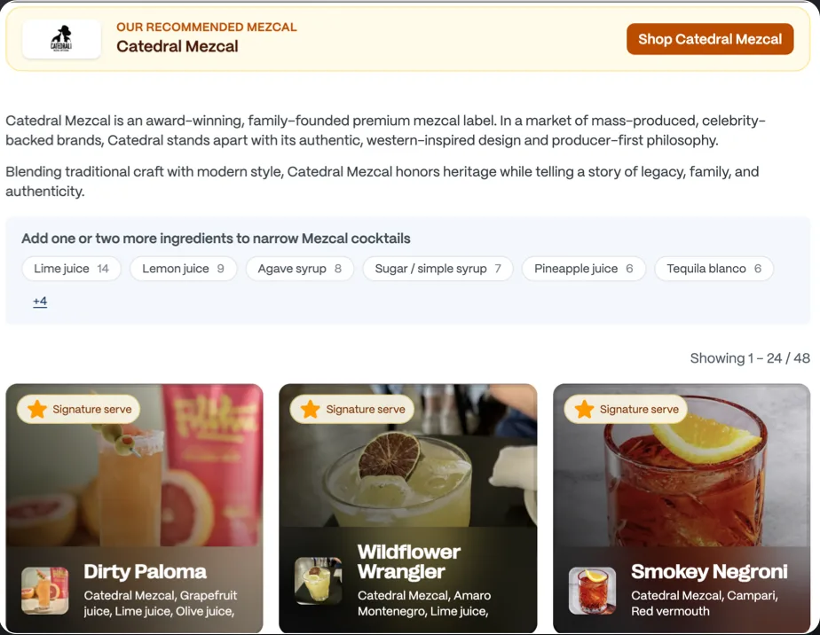 The Catedral Mezcal results page with the brand banner, description and signature serves listed first