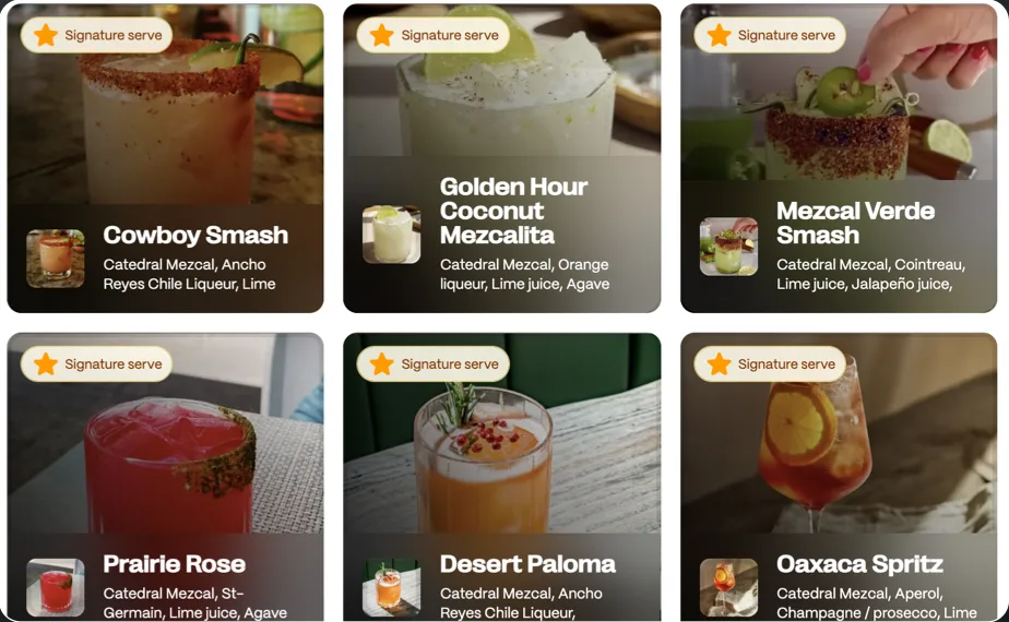 Six Catedral Mezcal cocktails, each carrying a Signature serve badge