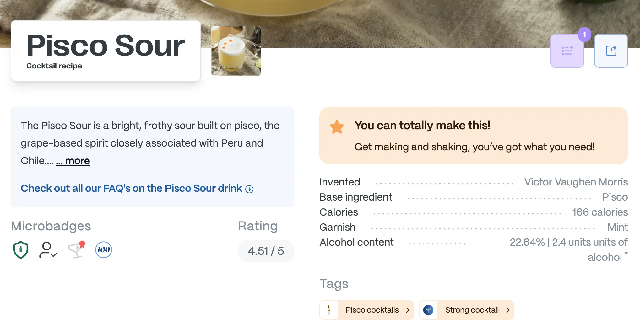 Cocktail page with make-able badge