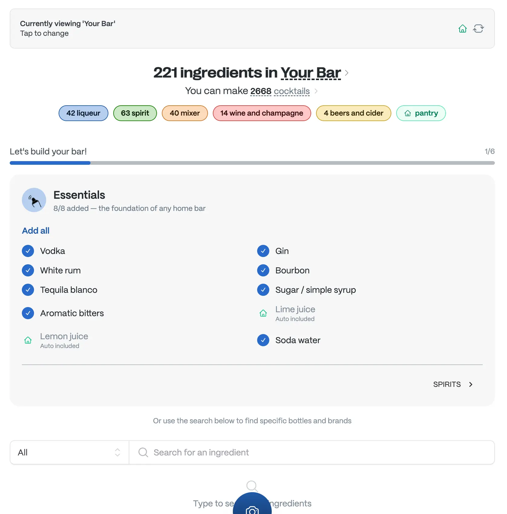 My Bar overview screenshot