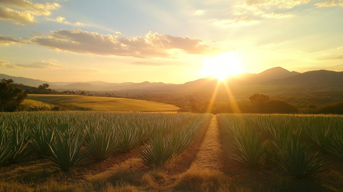 Agave plants for tequila in the setting sun