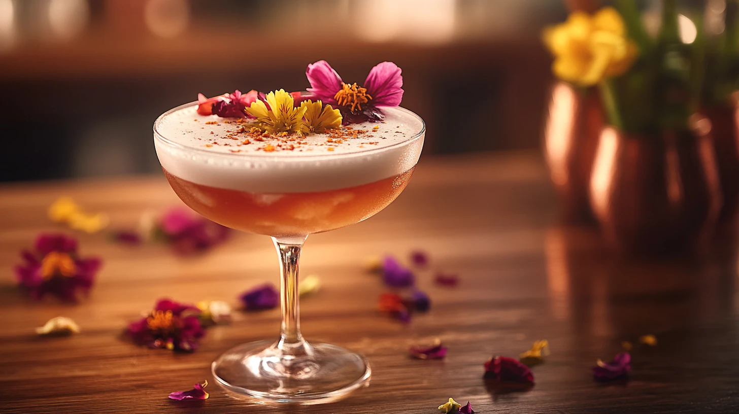 edible flowers on a cocktail glass