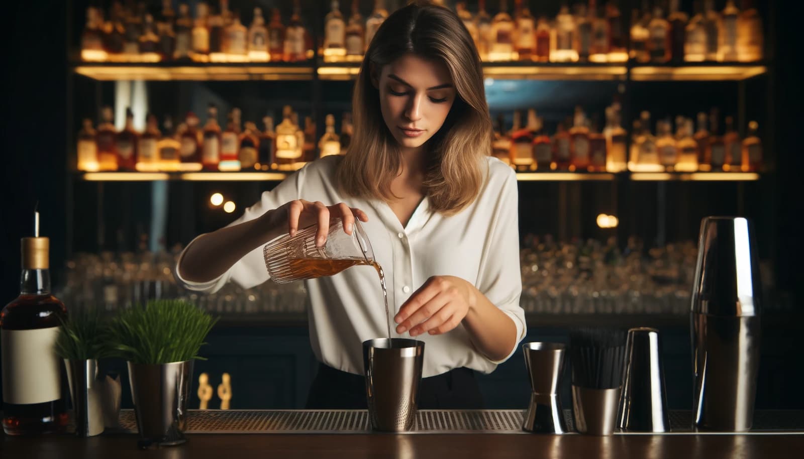 Bartender measuring cocktail ingredients