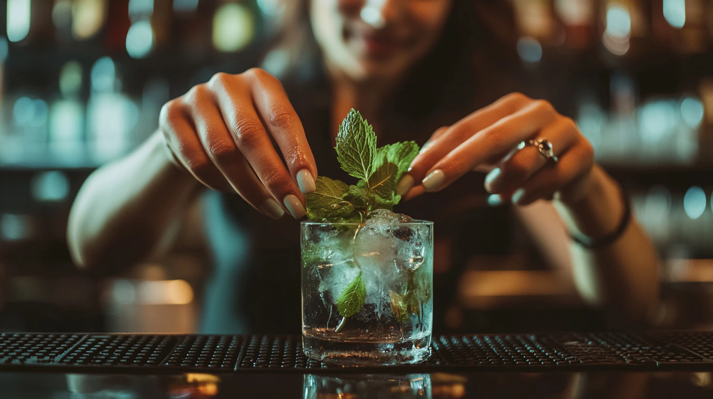 mint being placed into a refreshing cocktail