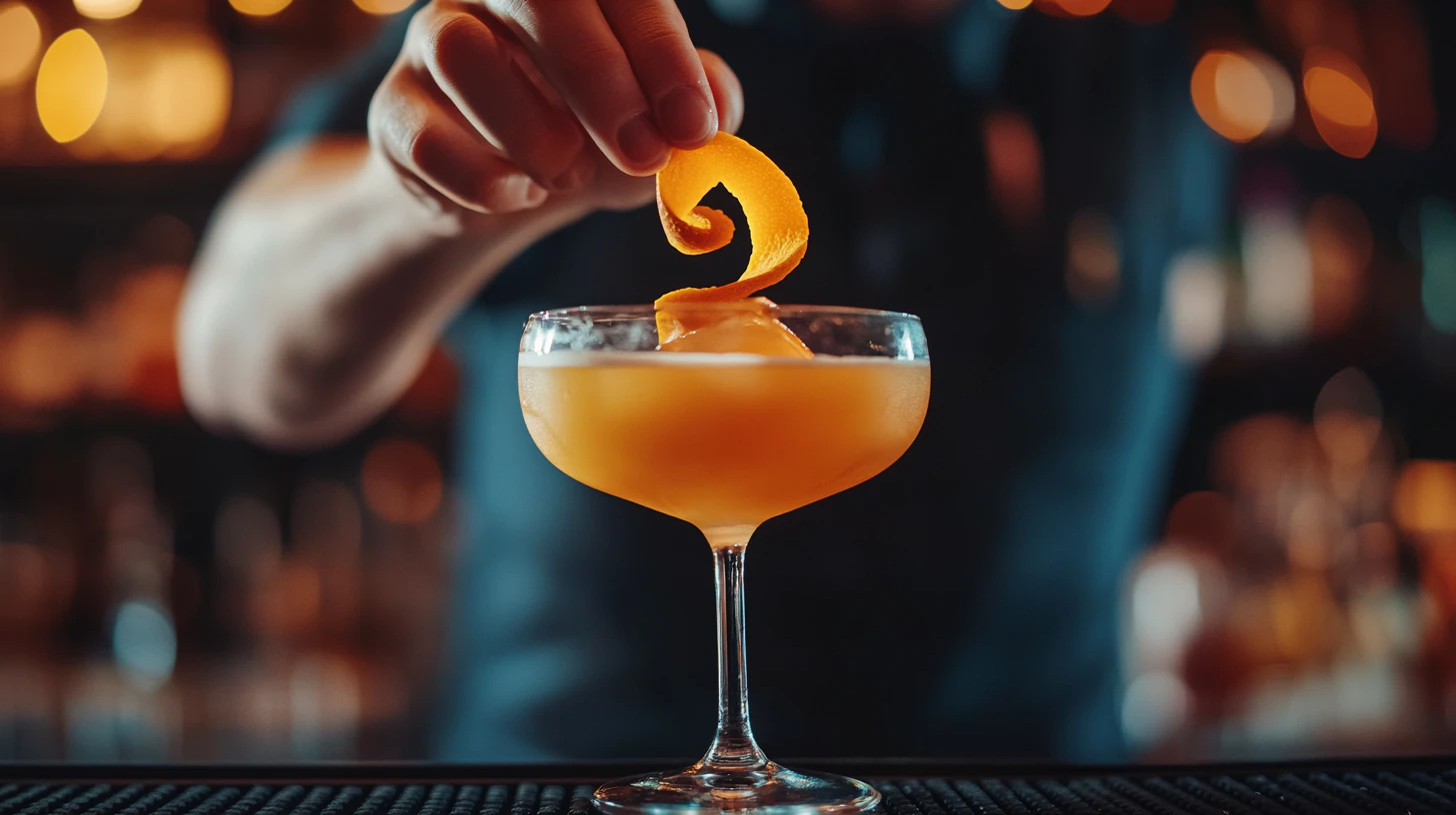 an orange twist being placed on a cocktail glass