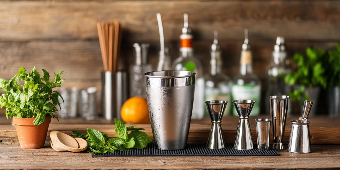 Picture of a cocktail shaker, jiggers, herbs on a bar 